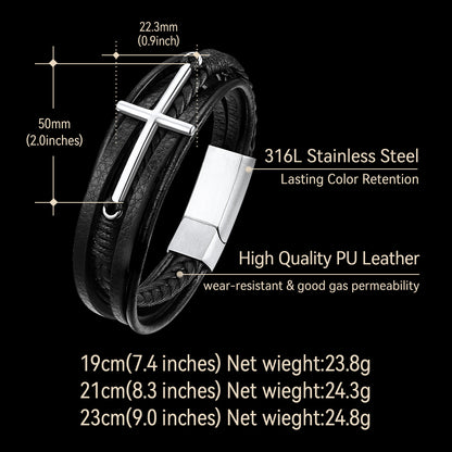 Christian Cross Multi-Layer Braided Leather Bracelet for Men