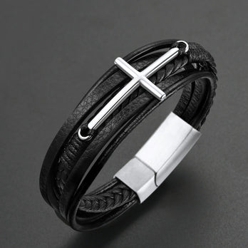 Christian Cross Multi-Layer Braided Leather Bracelet for Men