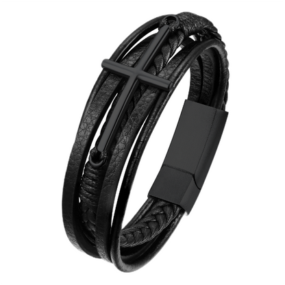 Cross Multi-Layer Braided Engraved Leather Bracelet for Men FaithHeart Jewelry