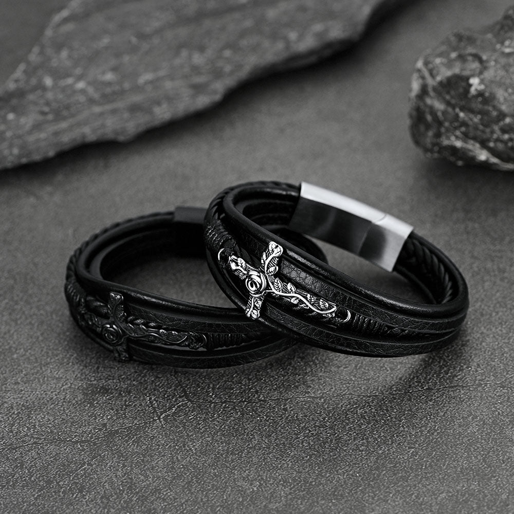 FaithHeart Braided Leather Cross Rose Bracelet FaithHeart