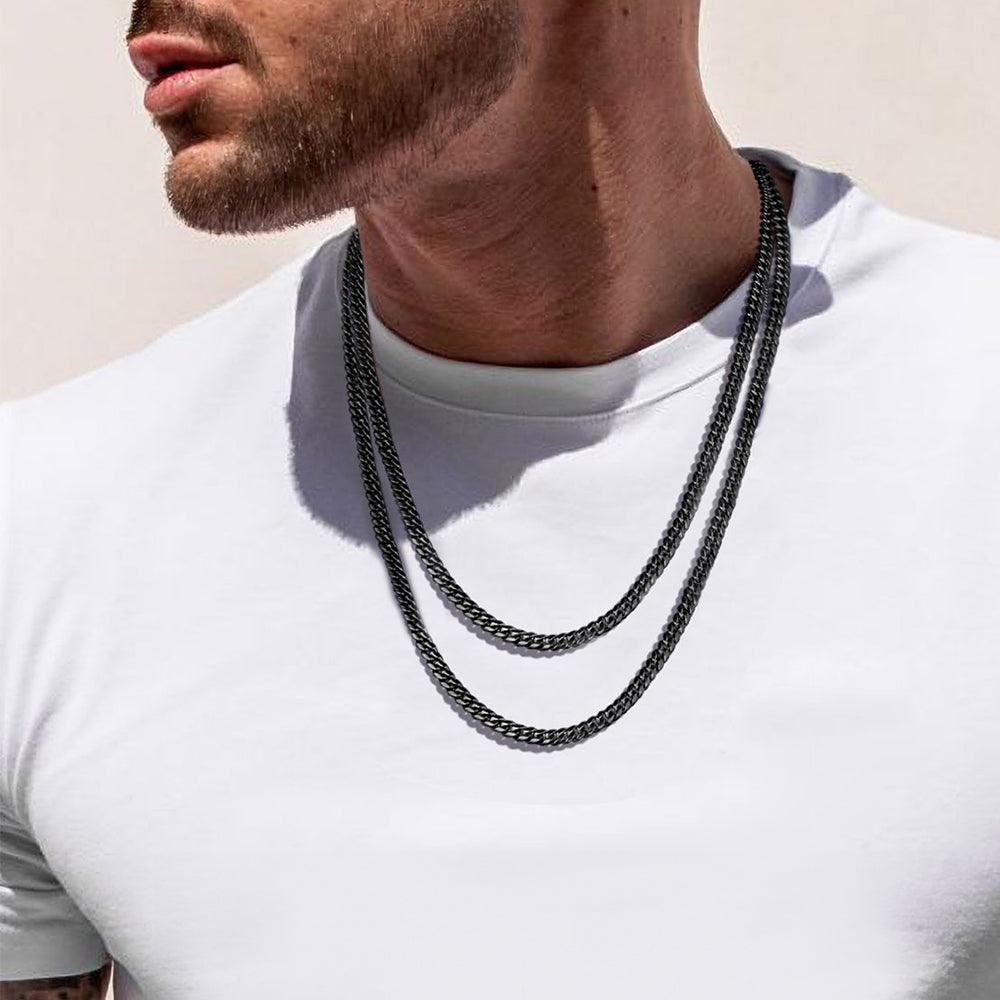 Model Wearing Black 6MM Cuban Link Chain – Street Style Look