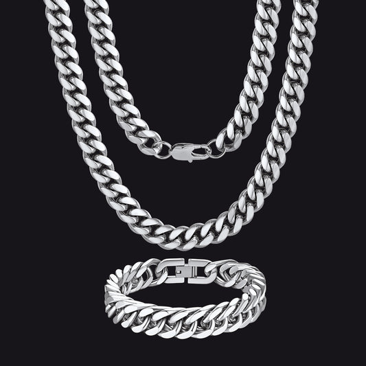 Men’s Heavy Steel Cuban Chain and Bracelet Set – 10mm Necklace, 12mm Braceletimg