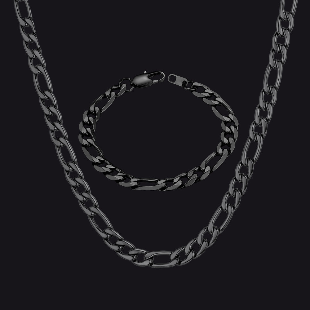 Black Figaro Link Chain Necklace and Bracelet Set for Men