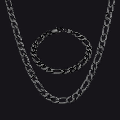 Black Figaro Link Chain Necklace and Bracelet Set for Men