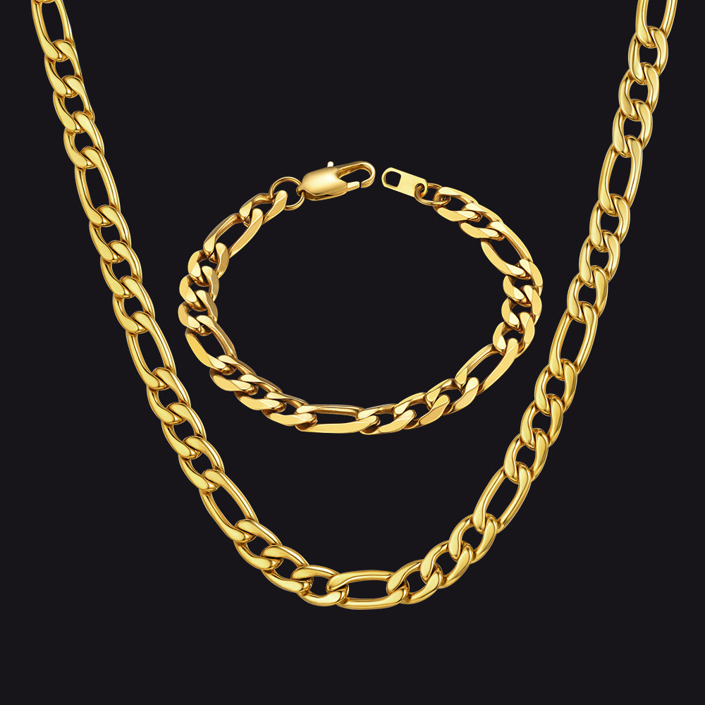 Gold Figaro Link Chain Necklace and Bracelet Set for Men