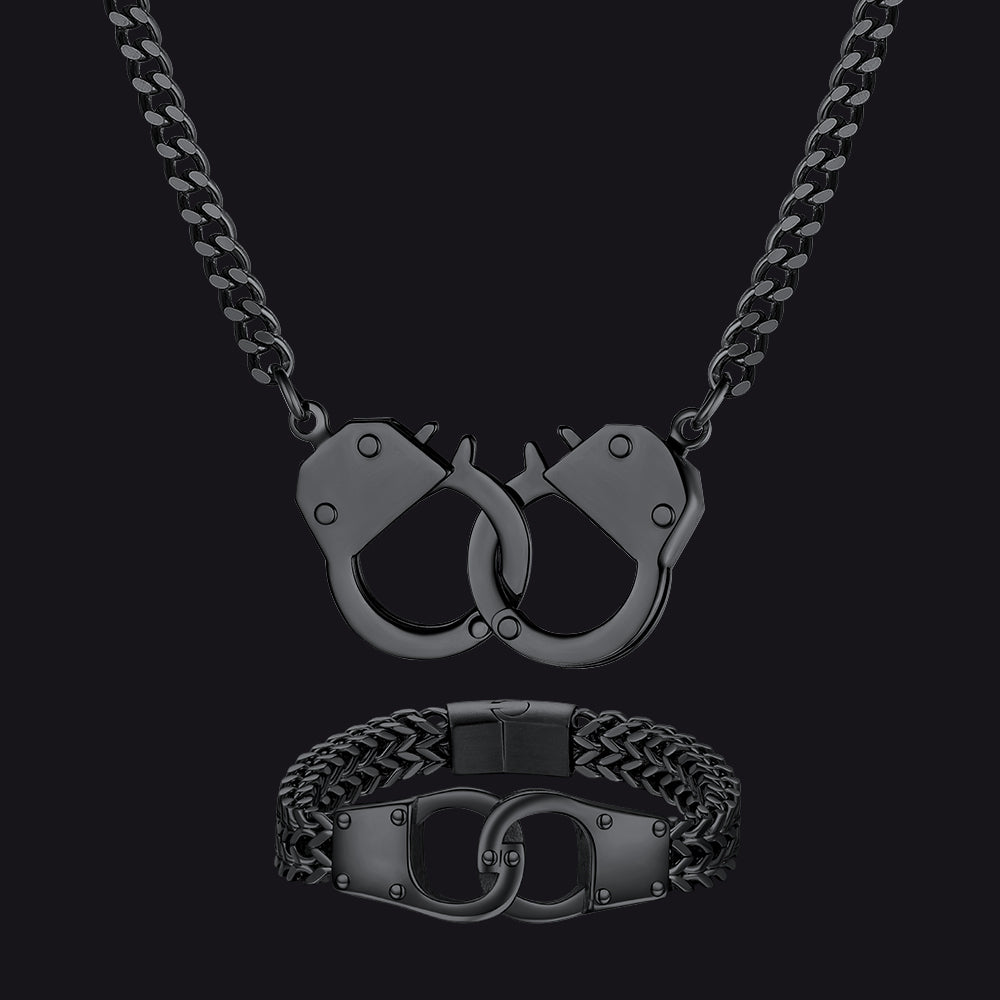 Black chain necklace and bracelet with handcuff design