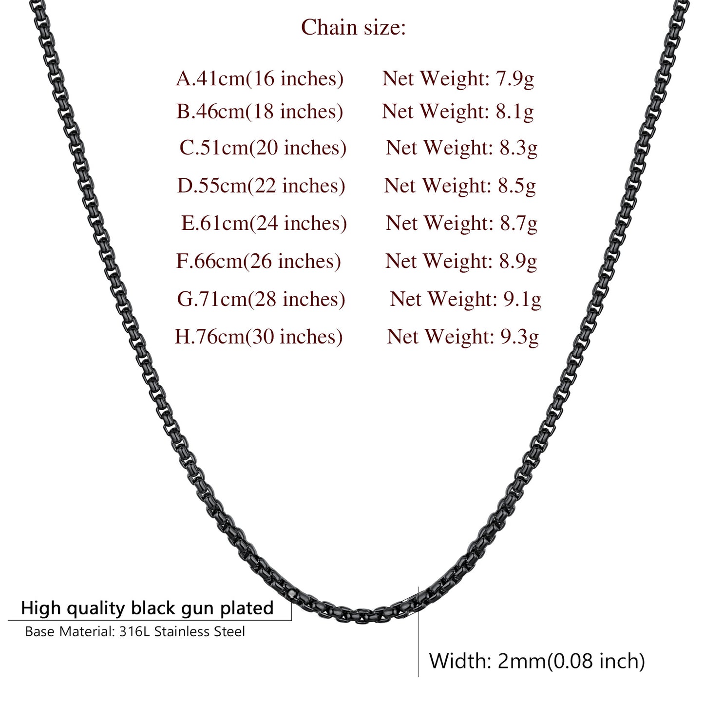 2mm Cable Chain Necklace Sizing Chart
