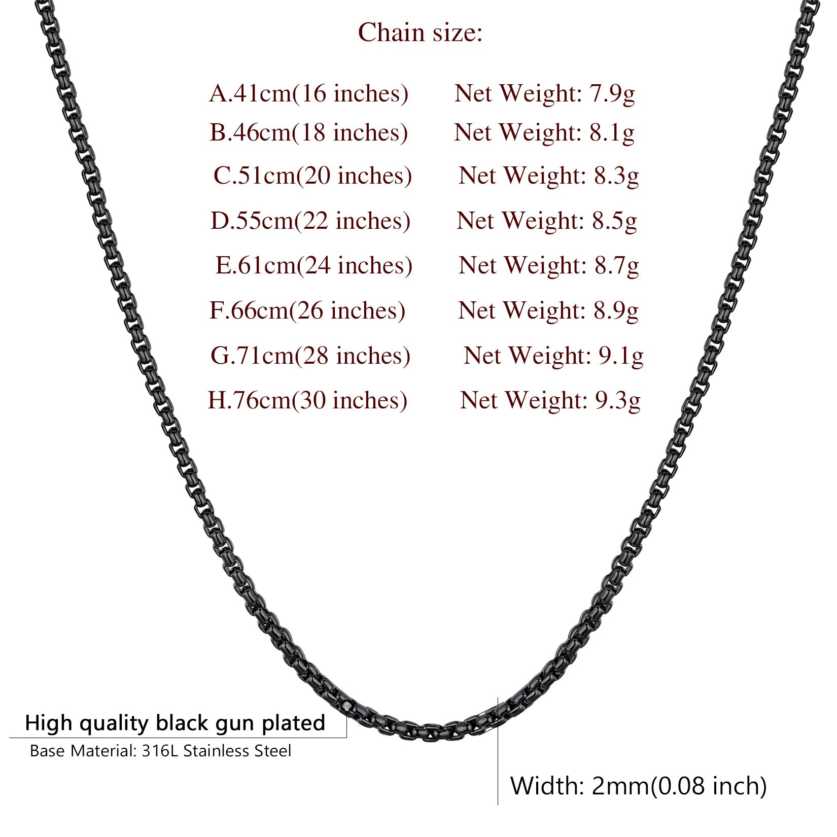 2mm Cable Chain Necklace Sizing Chart