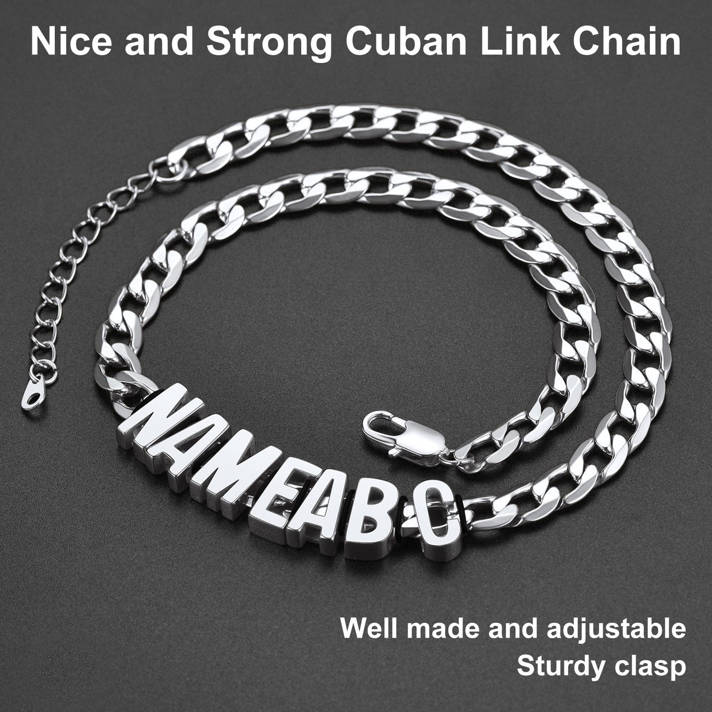 Silver Cuban link chain necklace with 'NAMEBO' pendant