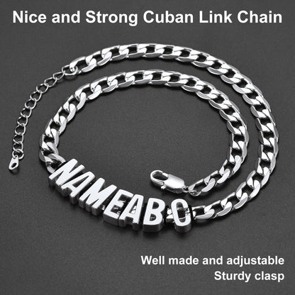 Silver Cuban link chain necklace with 'NAMEBO' pendant