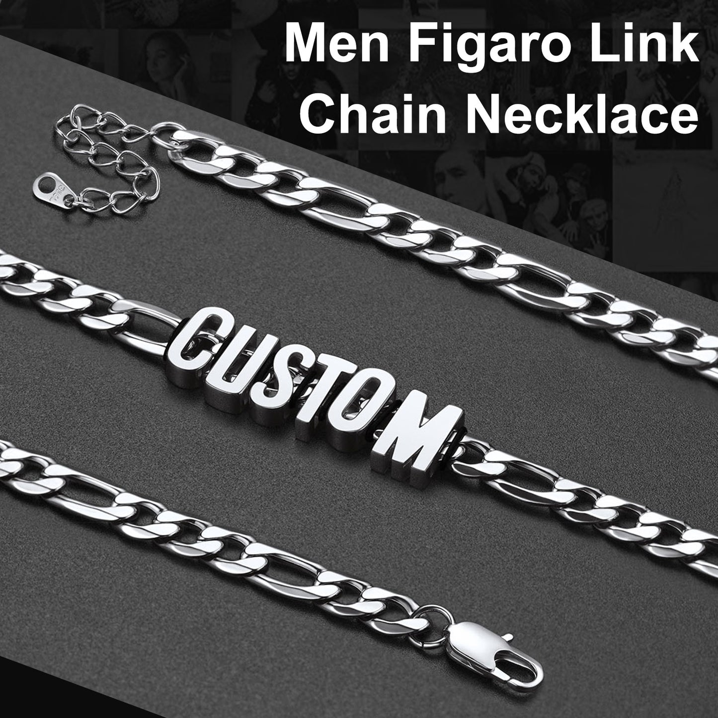 Men's Figaro link chain necklace with 'CUSTOM' clasp on a dark background