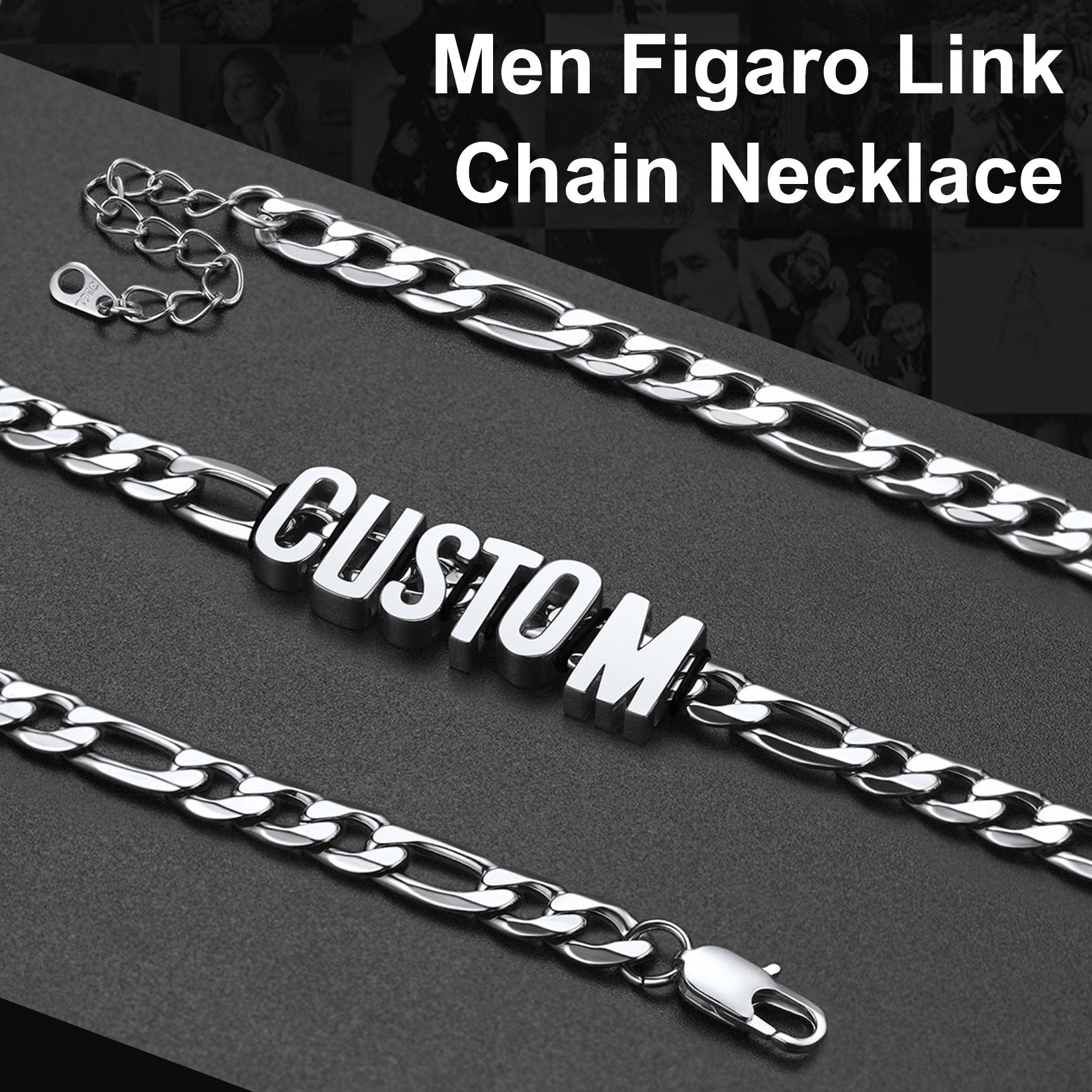 Men's Figaro link chain necklace with 'CUSTOM' clasp on a dark background