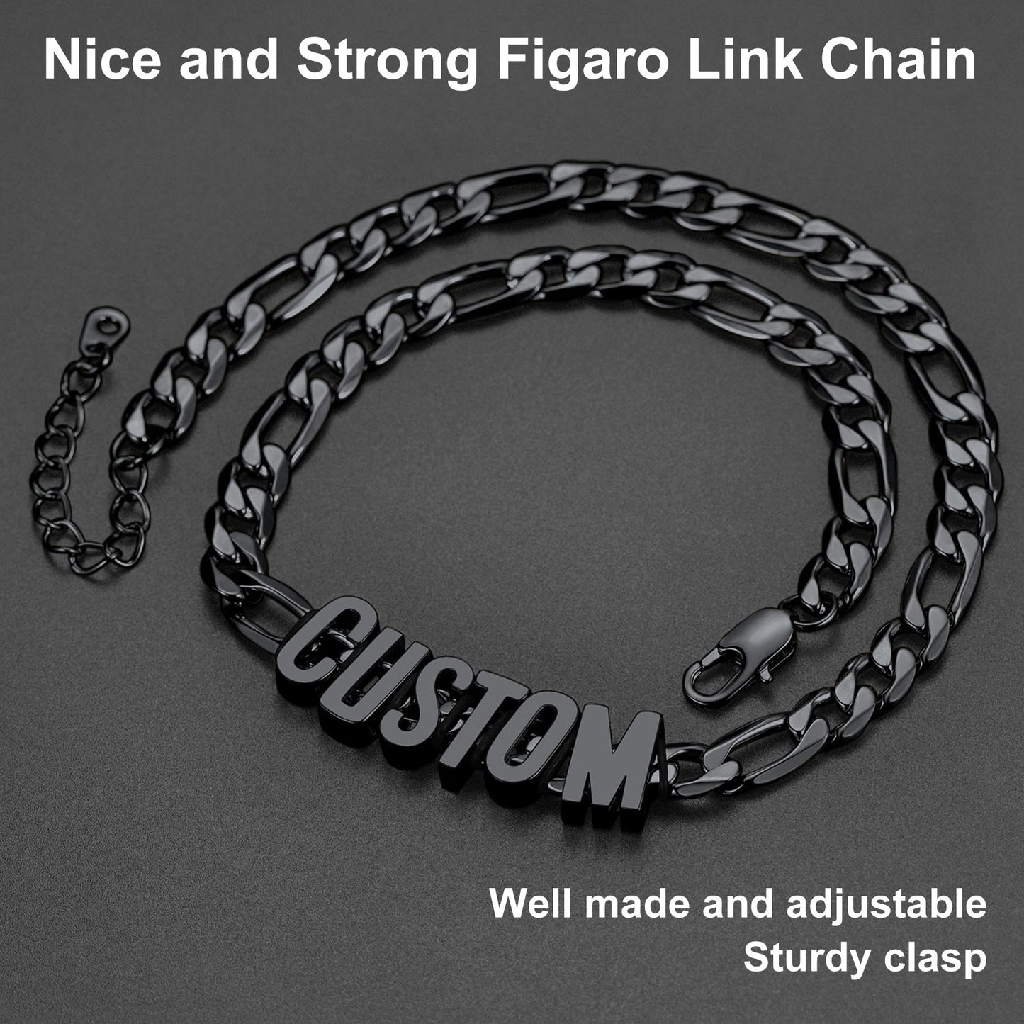 Black Figaro link chain necklace with 'CUSTOM' pendant on a dark background