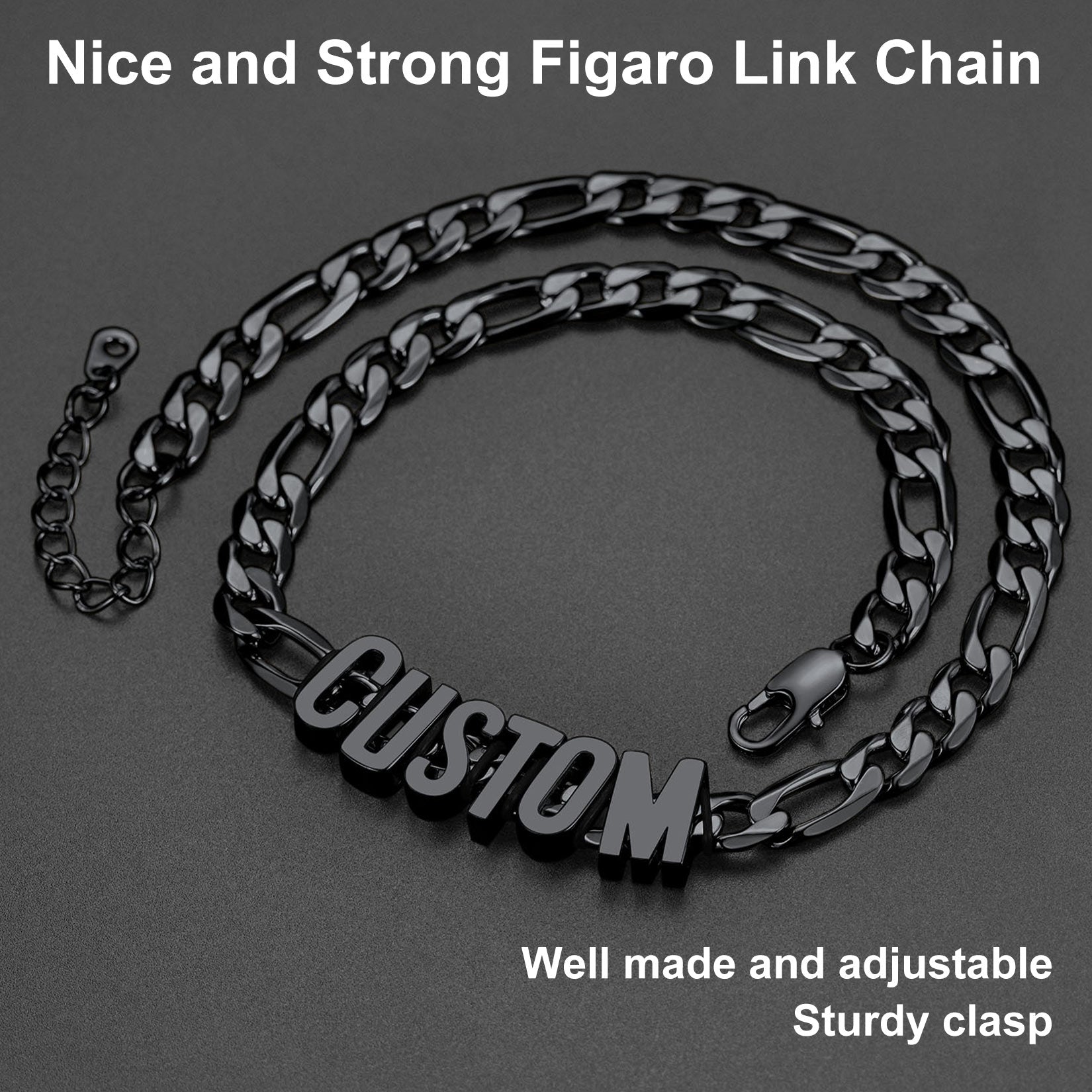 Black Figaro link chain necklace with 'CUSTOM' pendant on a dark background