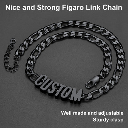 Black Figaro link chain necklace with 'CUSTOM' pendant on a dark background