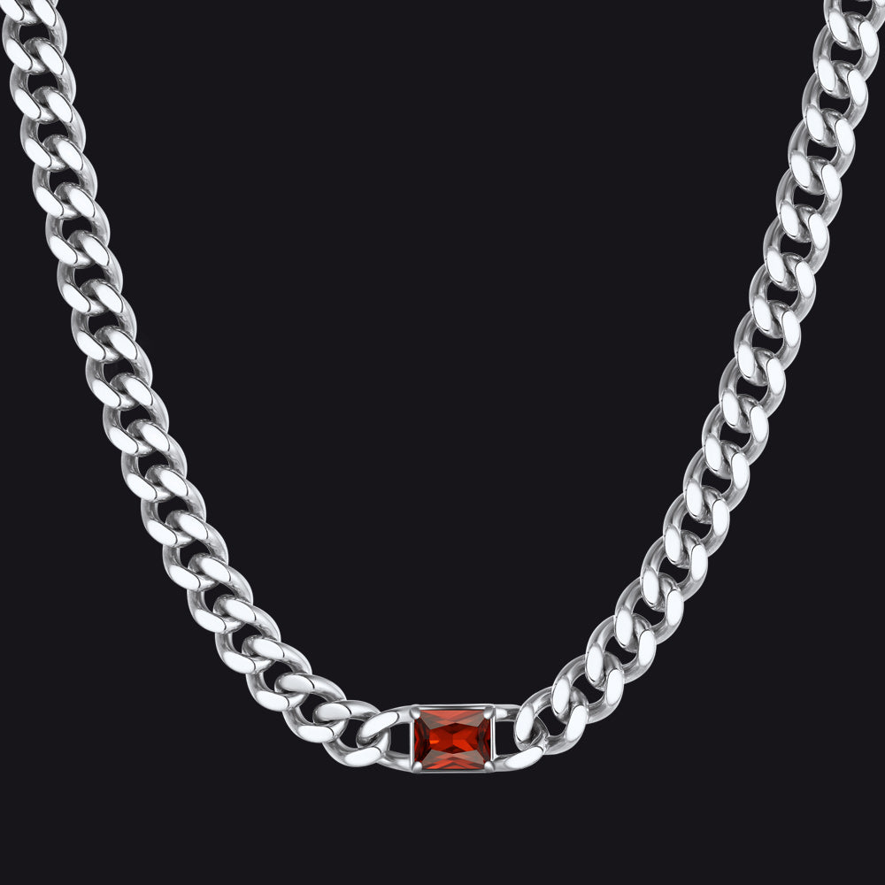 Steel / Ruby 7mm CZ Birthstone Cuban Link Choker Necklace 16 inch