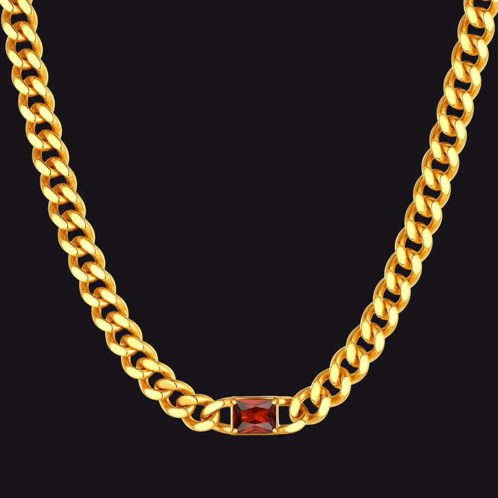 Gold / Ruby 7mm CZ Birthstone Cuban Link Choker Necklace 16 inch