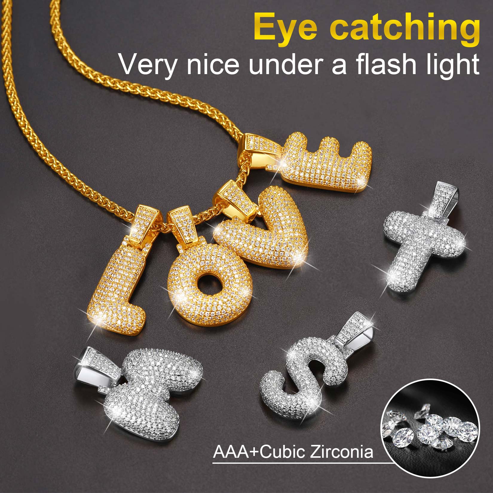  CZ Bubble Letter Initial Necklace for Men Women