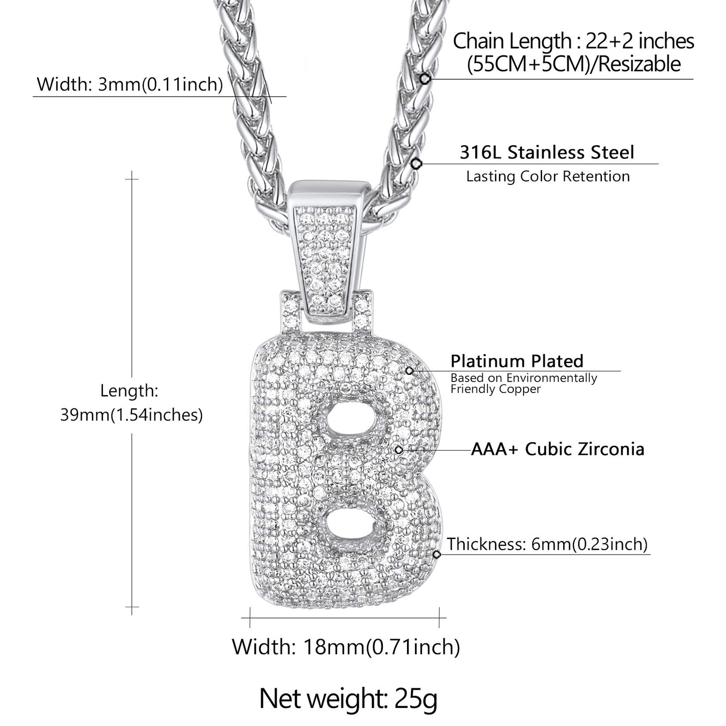  CZ Bubble Letter Initial Necklace for Men Women