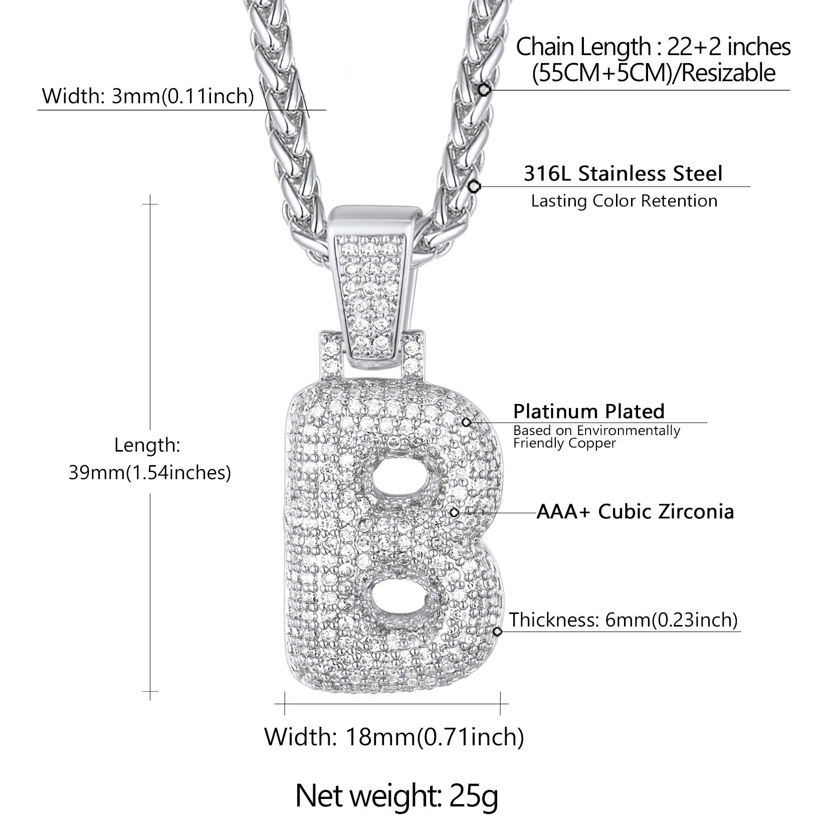  CZ Bubble Letter Initial Necklace for Men Women