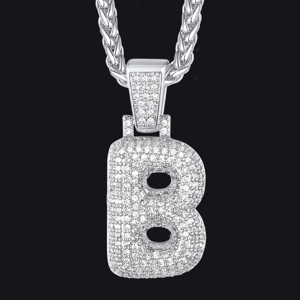 Silver / B CZ Bubble Letter Initial Necklace for Men Women