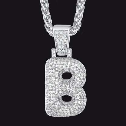 Silver / B CZ Bubble Letter Initial Necklace for Men Women