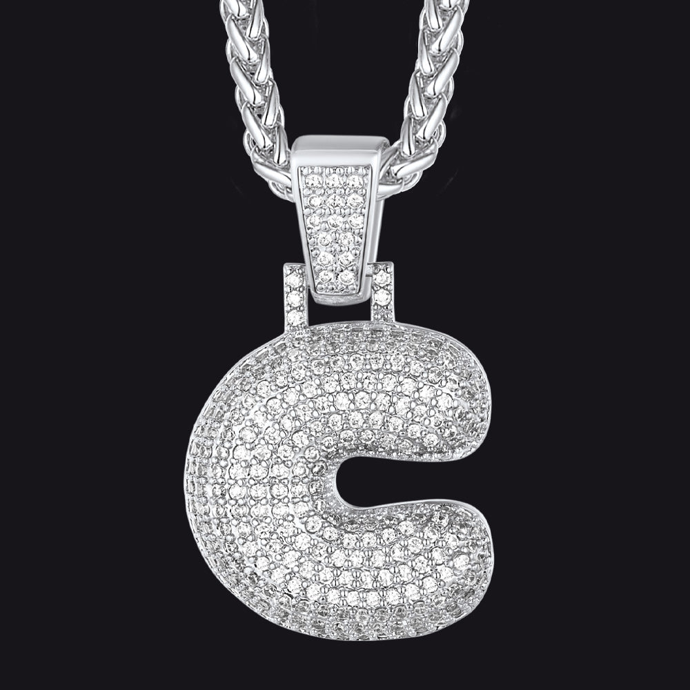 Silver / C CZ Bubble Letter Initial Necklace for Men Women