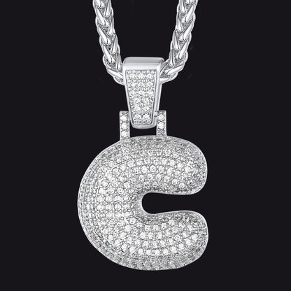 Silver / C CZ Bubble Letter Initial Necklace for Men Women