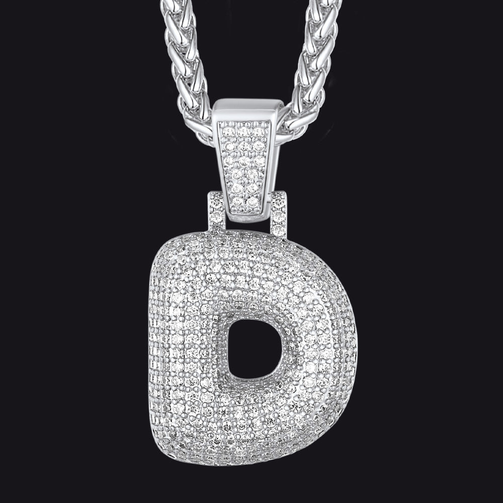 Silver / D CZ Bubble Letter Initial Necklace for Men Women