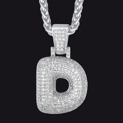 Silver / D CZ Bubble Letter Initial Necklace for Men Women