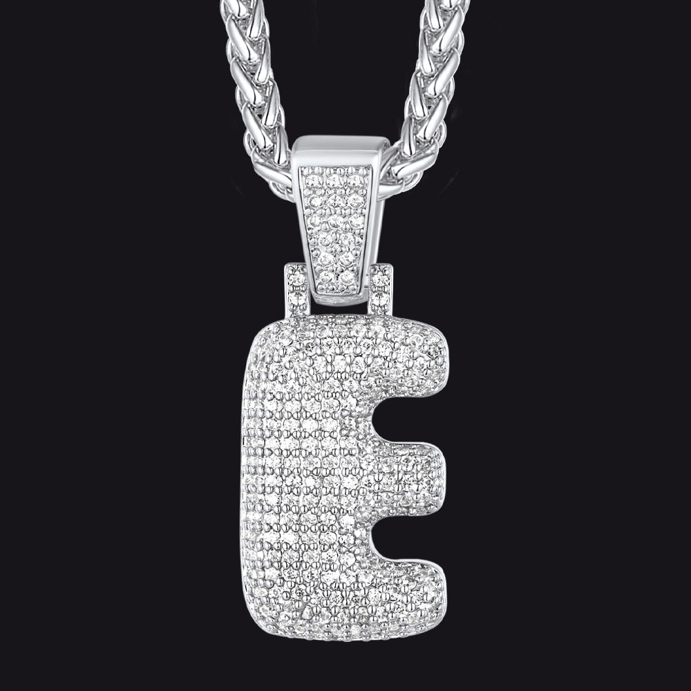 Silver / E CZ Bubble Letter Initial Necklace for Men Women