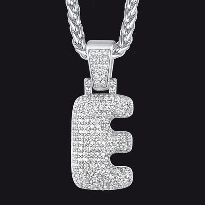 Silver / E CZ Bubble Letter Initial Necklace for Men Women