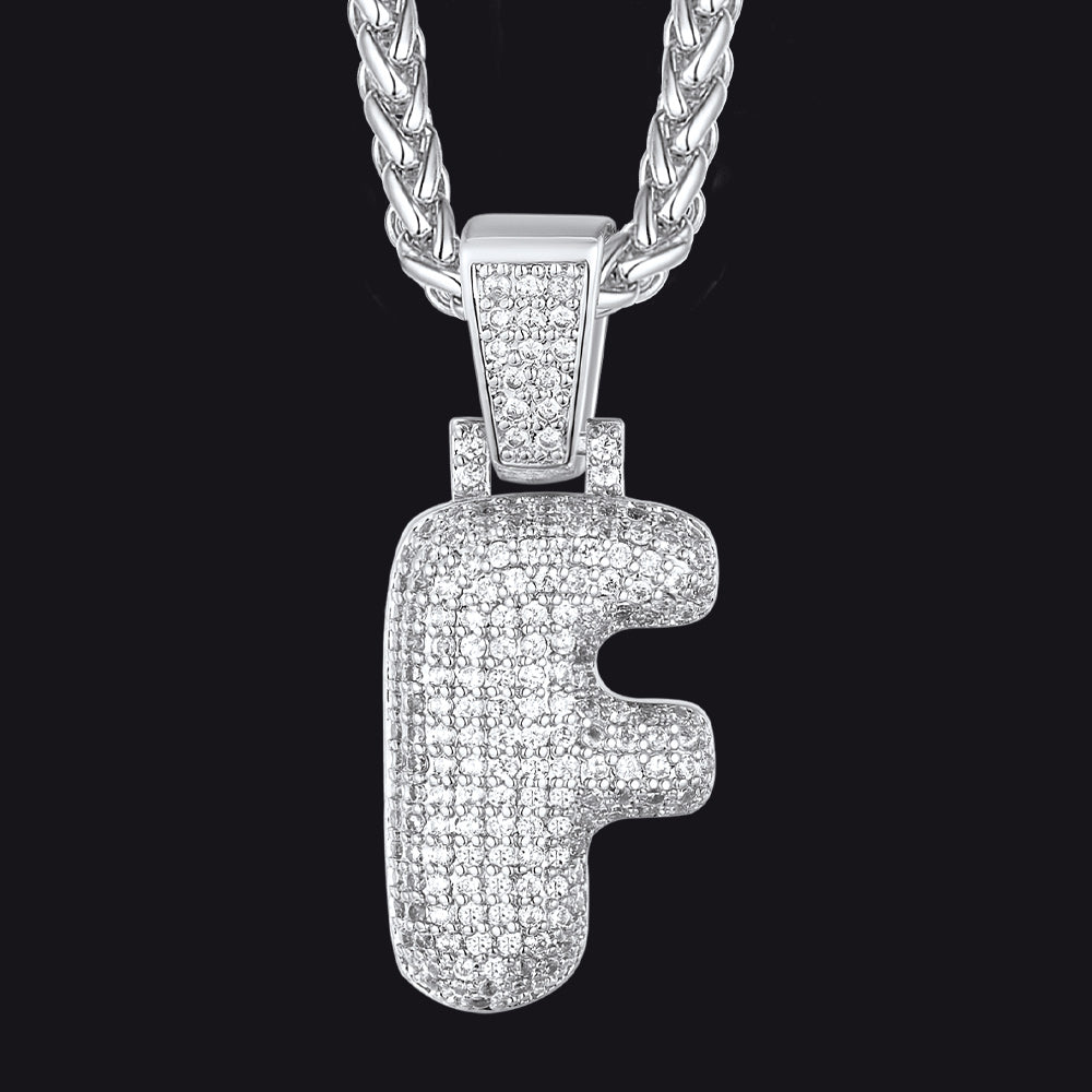 Silver / F CZ Bubble Letter Initial Necklace for Men Women