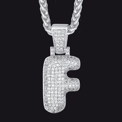 Silver / F CZ Bubble Letter Initial Necklace for Men Women