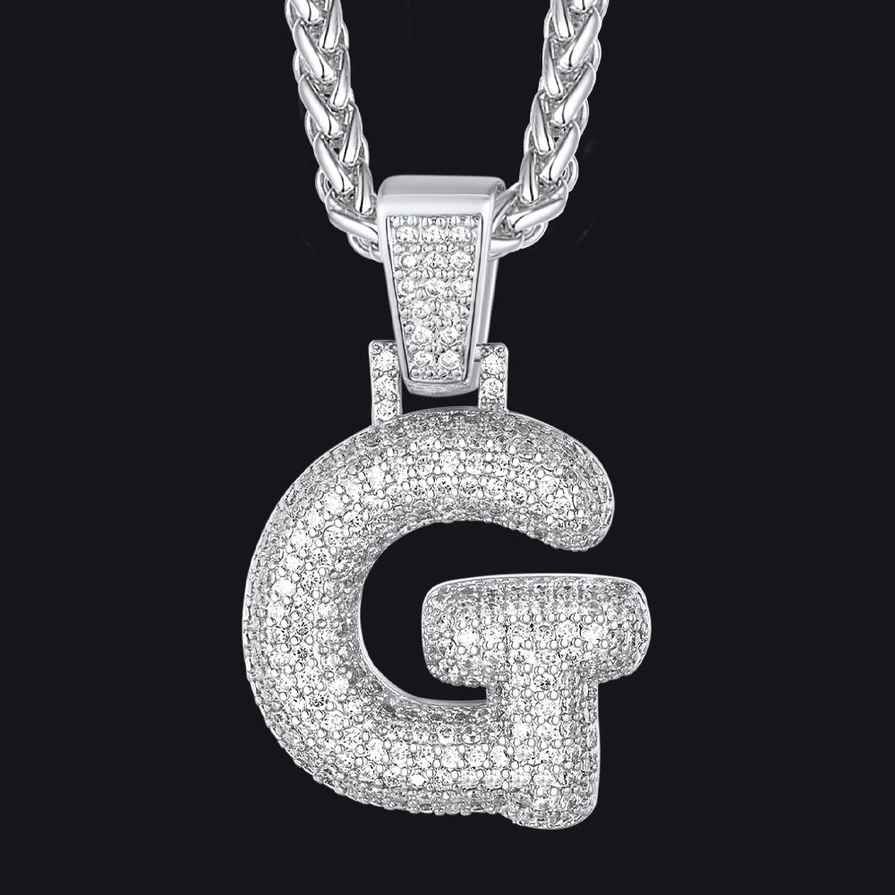Silver / G CZ Bubble Letter Initial Necklace for Men Women