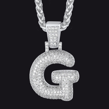 Silver / G CZ Bubble Letter Initial Necklace for Men Women