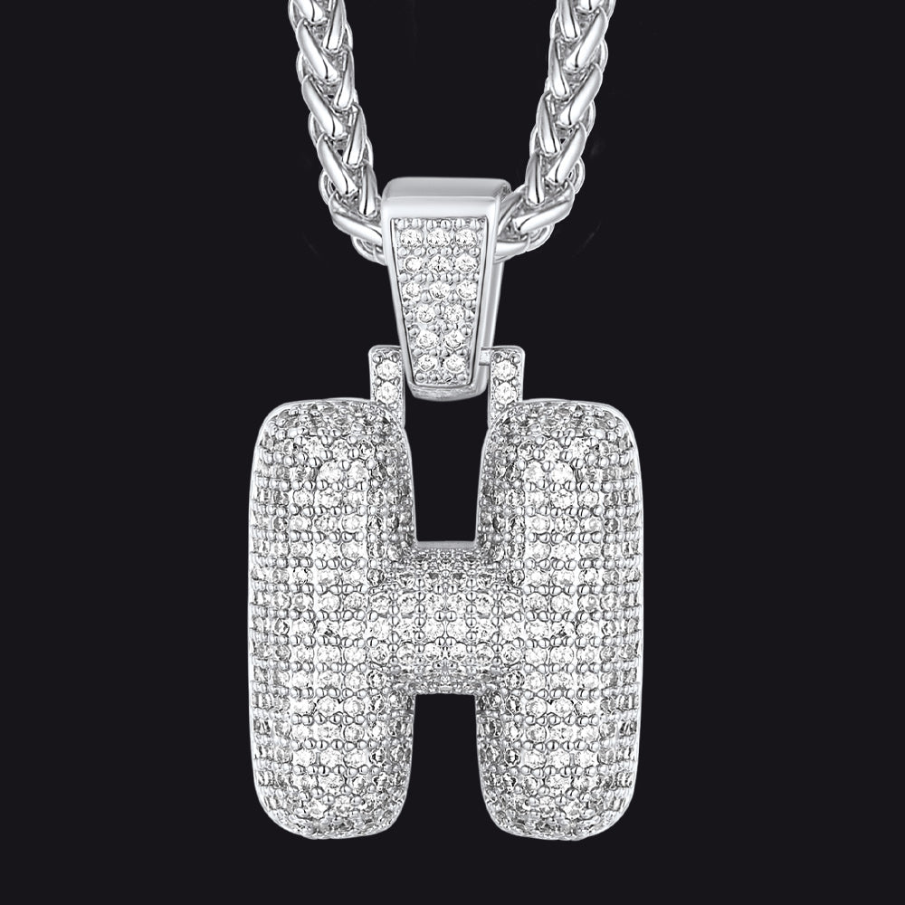 Silver / H CZ Bubble Letter Initial Necklace for Men Women