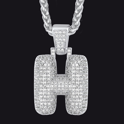 Silver / H CZ Bubble Letter Initial Necklace for Men Women