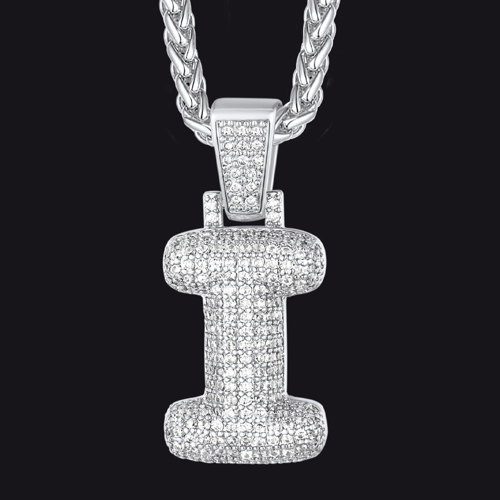 Silver / I CZ Bubble Letter Initial Necklace for Men Women