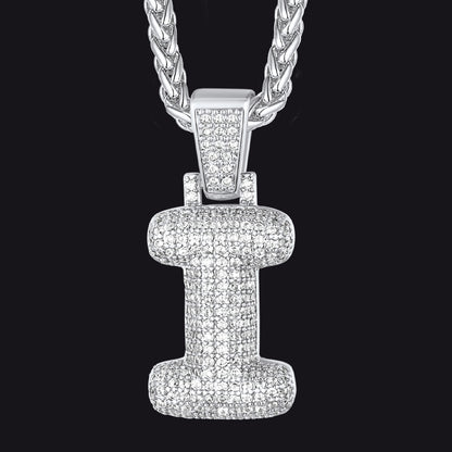 Silver / I CZ Bubble Letter Initial Necklace for Men Women