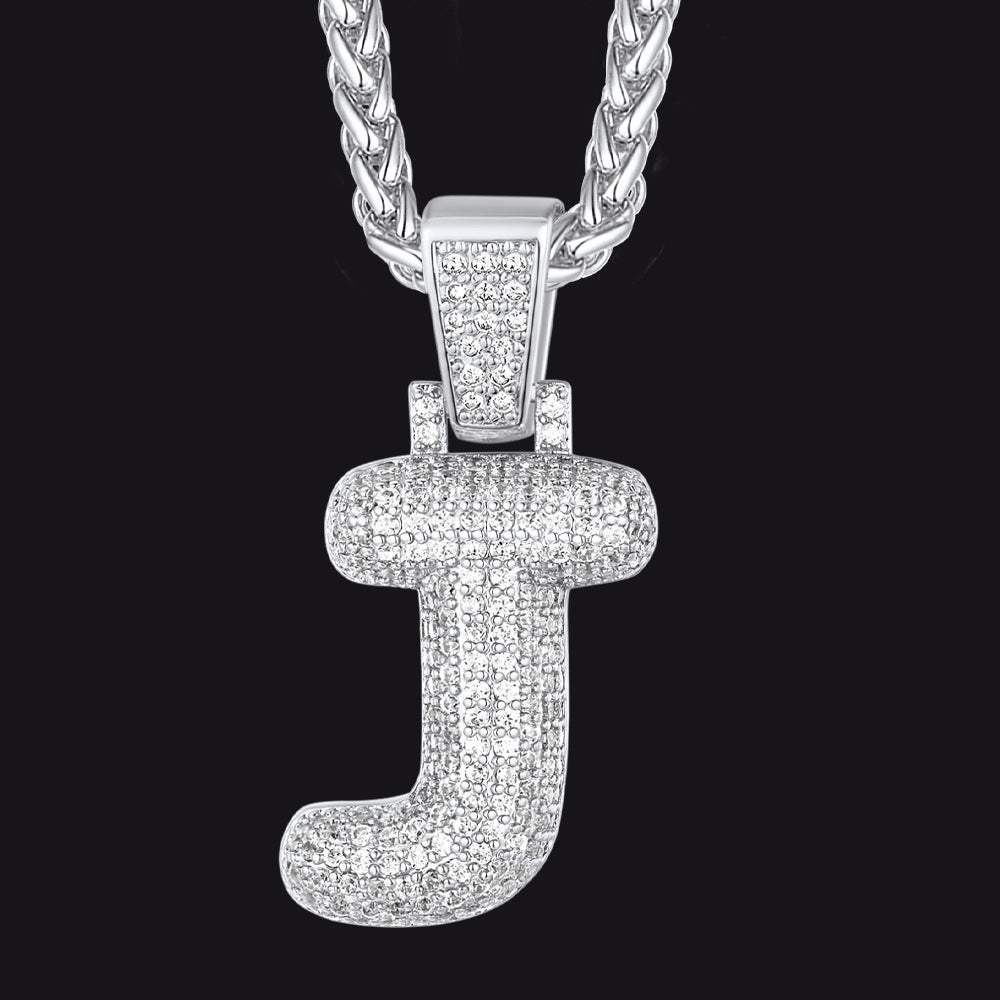 Silver / J CZ Bubble Letter Initial Necklace for Men Women