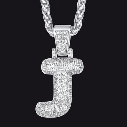 Silver / J CZ Bubble Letter Initial Necklace for Men Women