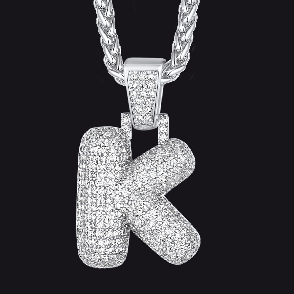 Silver / K CZ Bubble Letter Initial Necklace for Men Women