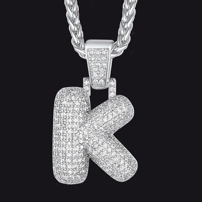Silver / K CZ Bubble Letter Initial Necklace for Men Women