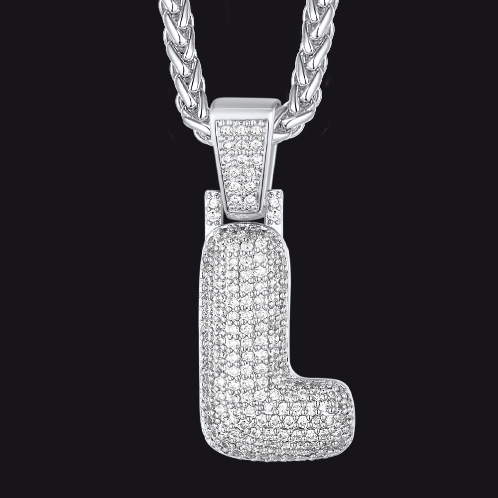 Silver / L CZ Bubble Letter Initial Necklace for Men Women