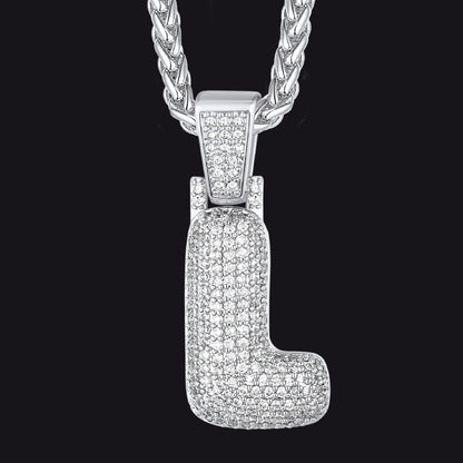 Silver / L CZ Bubble Letter Initial Necklace for Men Women