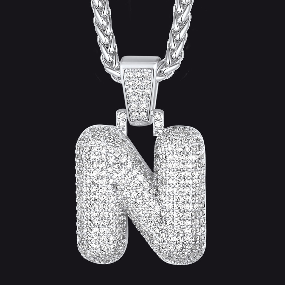 Silver / N CZ Bubble Letter Initial Necklace for Men Women