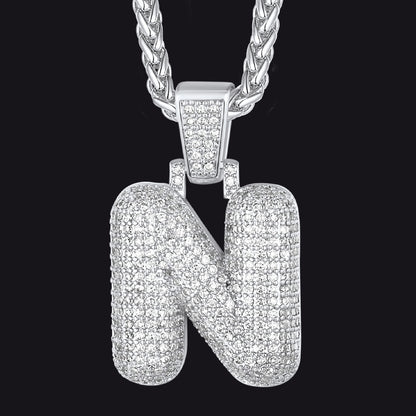 Silver / N CZ Bubble Letter Initial Necklace for Men Women