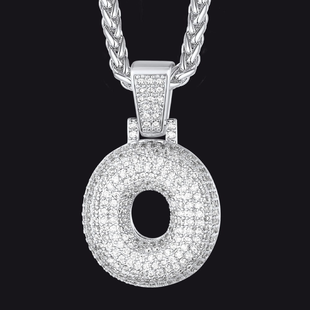 Silver / O CZ Bubble Letter Initial Necklace for Men Women