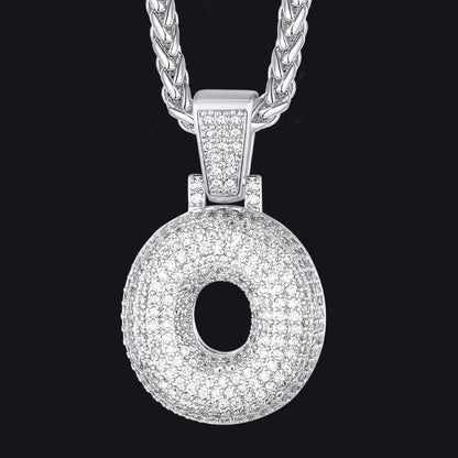 Silver / O CZ Bubble Letter Initial Necklace for Men Women